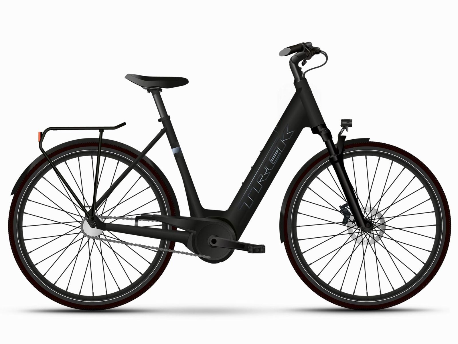 Rower elektryczny Trek District+ 4 o niskim przekroku łańcuch