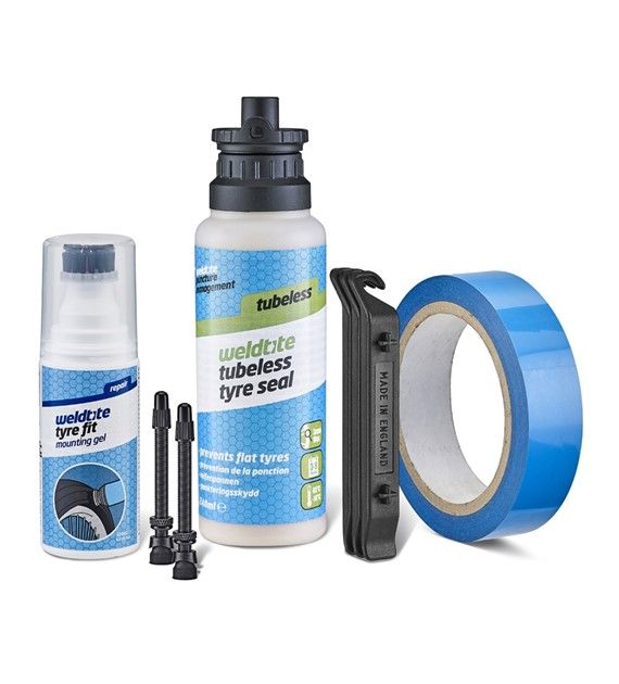 Zestaw Weldtite Complete Tubeless Conversion System MTB (Mleczko + Taśma + 3x Łyżka + Żel + 2x Zawór 55mm Presta)
