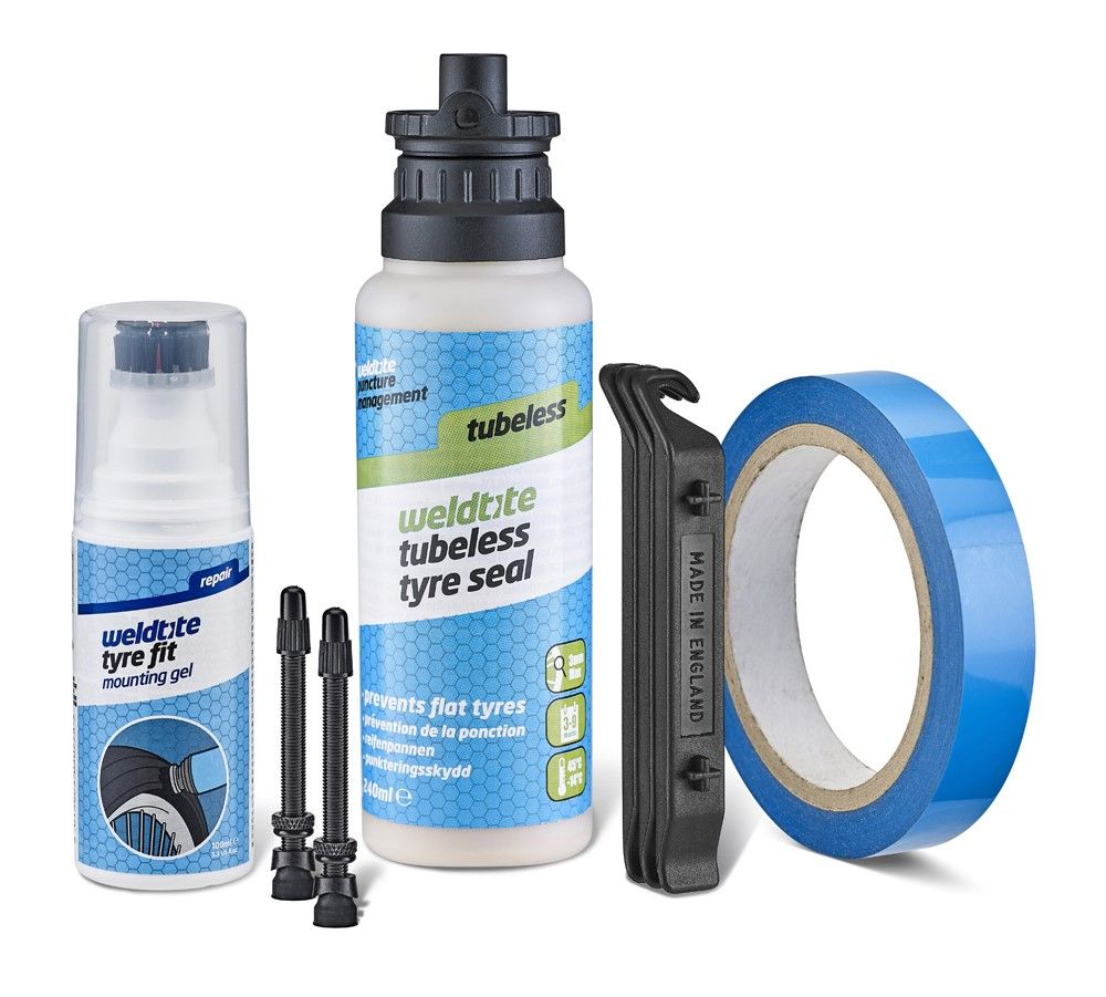 Zestaw Weldtite Complete Tubeless Conversion System ROAD (Mleczko + Taśma + 3x Łyżka + Żel + 2x Zawór 55mm Presta)